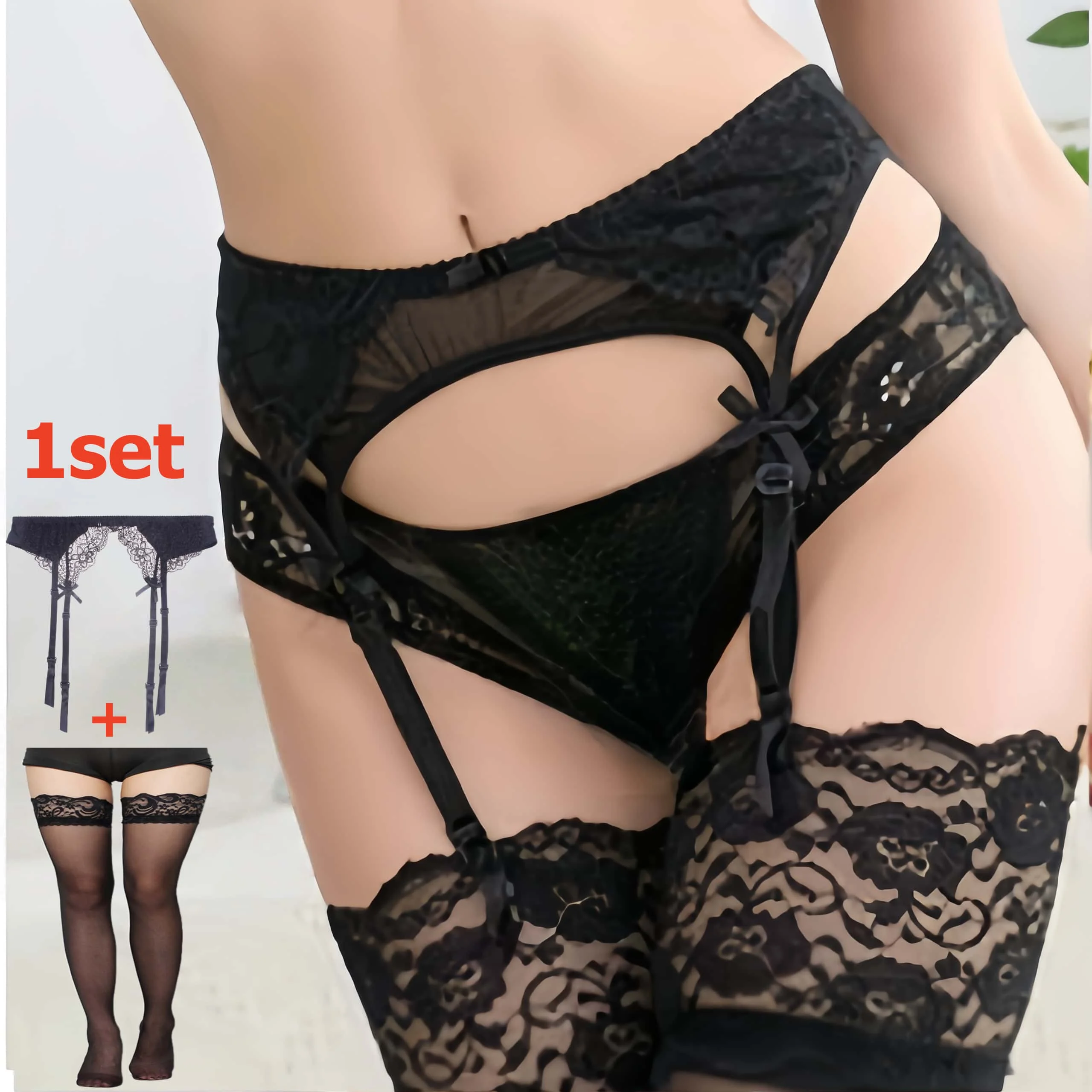 Tights Pantyhose Sheer - ชุดถุงน่องลูกไม้พร้อมสายรัดถุงน่อง 2 ชิ้น สำหรับผู้หญิง ถุงน่องตาข่ายแบบโปร่ง เซ็กซี่